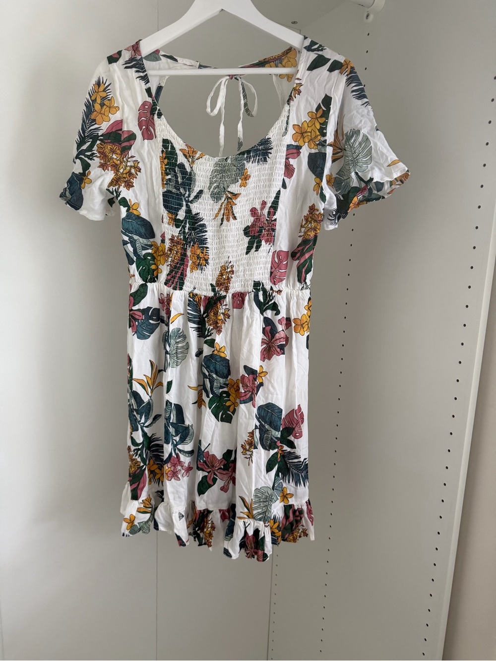 Floral Tie-Back Smocked Mini Dress - White with Green & Pink Print